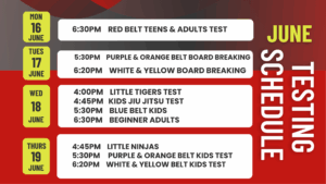 Ucelo MArtial Arts Phoenix Belt testing Schedule for June 2025
