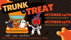 Alt text: Halloween Trunk or Treat flyer for Ucelo Martial Arts Phoenix. Features a cartoon martial artist with a witch hat standing beside an open car trunk filled with a pumpkin, ghost, and candy cauldron. Event details read: “Trunk or Treat – October 24th and October 25th during your regular class schedule.” Text at the bottom says: “Candy, Games, Martial Arts. Don’t forget to wear your costume to class!” The background is orange and black with bats and Halloween graphics