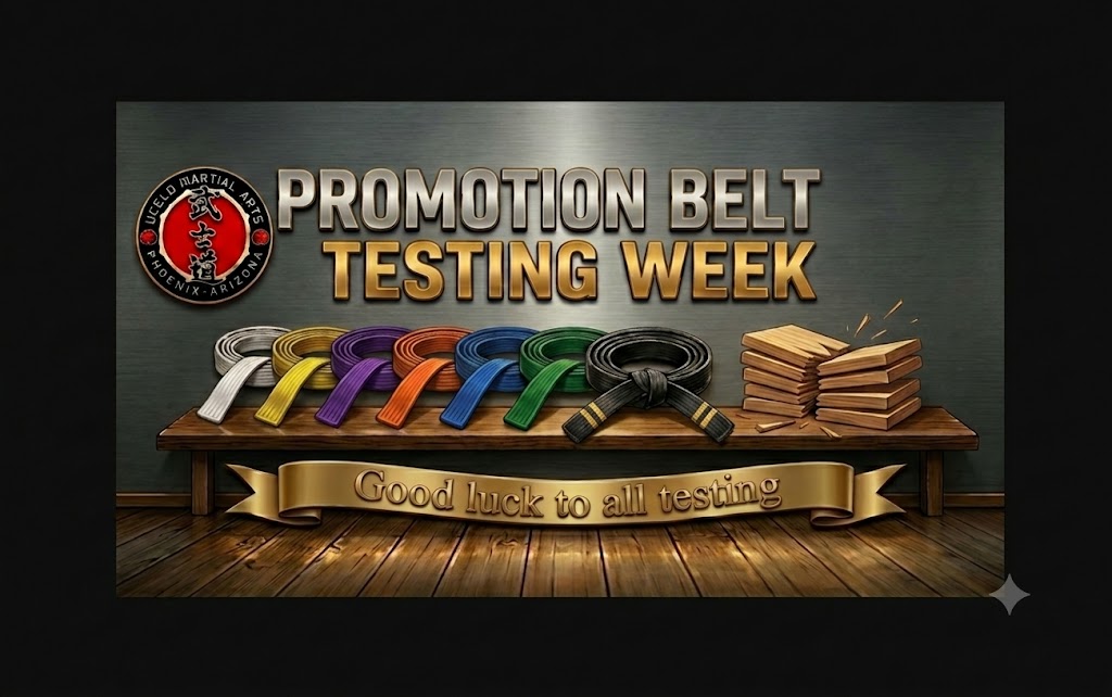 Students at Ucelo Martial Arts Phoenix leveling up to new belts  during a promotional belt testing week celebration in Phoenix, Arizona.
